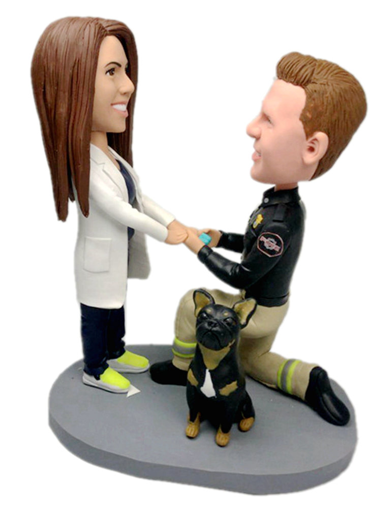 Custom cake topper fireman proposed to doctor